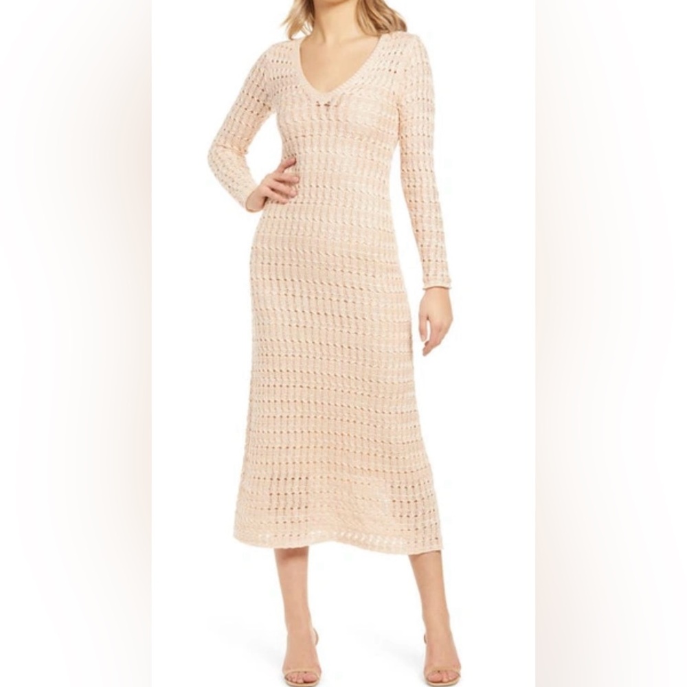 AFRM Cedro Crochet Long Sleeve Midi Cream Tan Dress w/Lining Size 2X MSRP $158